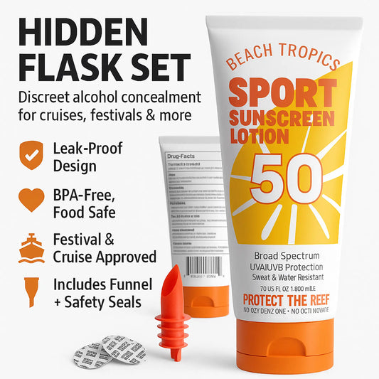 Classy Wino hidden sunscreen flask set – 10oz sport sunscreen lotion bottle for discreet alcohol concealment with leak-proof design, BPA-free food-safe plastic, festival and cruise approved, includes funnel and safety seals.