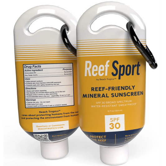 XL 12 oz hidden sunscreen flasks with carabiners, front and back view, showing realistic Beach Tropics SPF 30 label and drug facts.