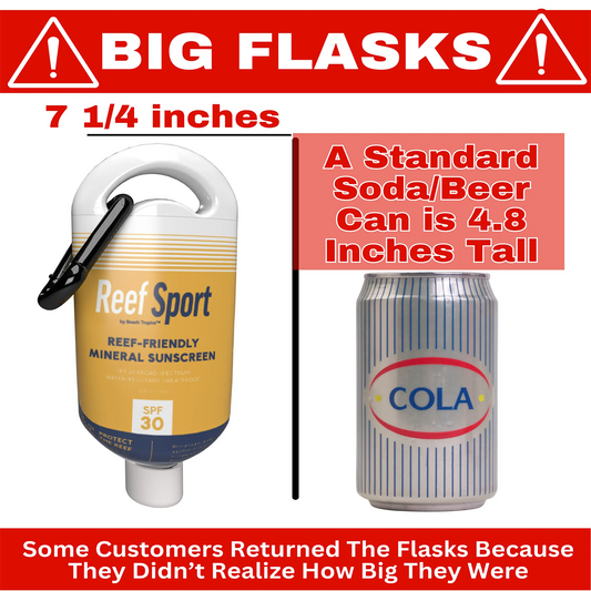 Extra large 12 oz hidden sunscreen flask next to a standard soda can, showing 7.25 inch tall size for capacity comparison.
