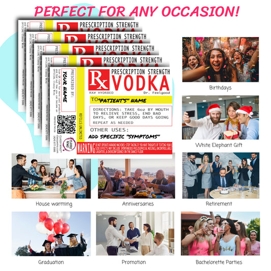 Funny Gag Prescription Label for Vokda Bottles 5 Pack - Use A Personalized Removable Sticker for Vodka Bottle Gifts Not A Boring Wine Gift Bag - Drinking Accessories for Men & Women
