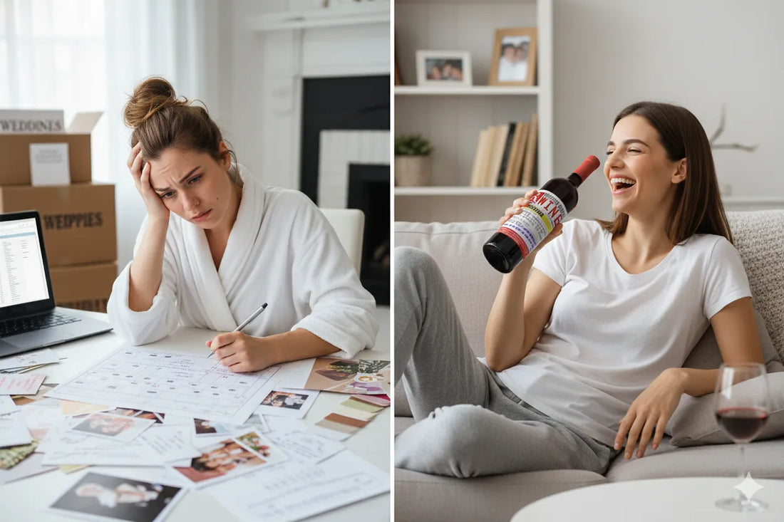 Bride transforms from stressed to laughing after receiving prescription wine bottle gift