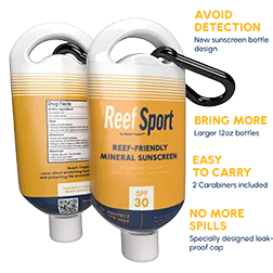 XL hidden sunscreen flask infographic highlighting leakproof design, large capacity, included carabiners, and easy-pour spout.