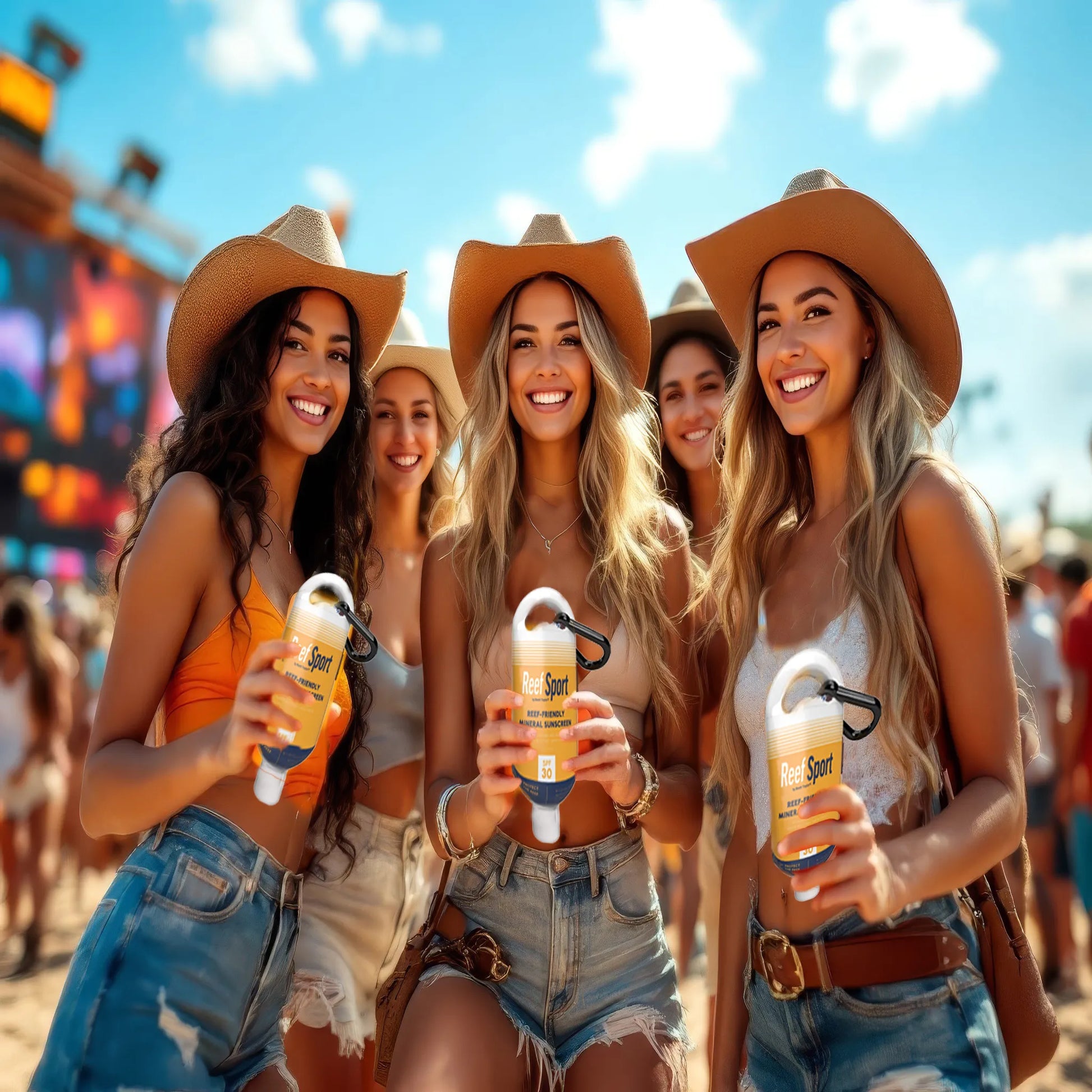 Group of women holding their XL hidden sunscreen flasks at a country music festival.