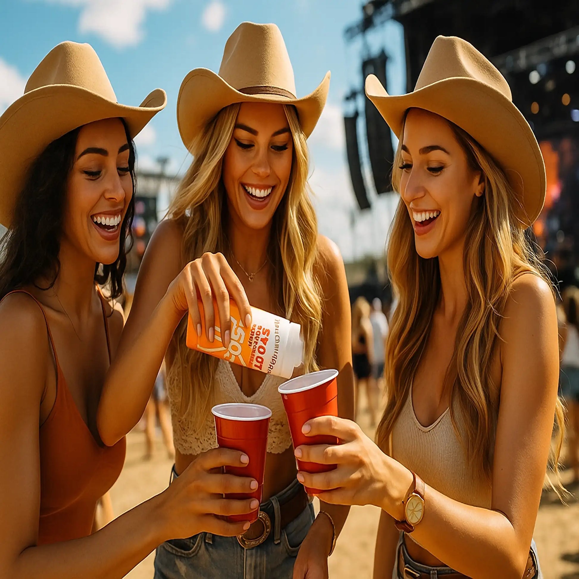 Three women in cowboy hats at a festival pouring drinks from a Classy Wino hidden sunscreen flask into red party cups – festival alcohol concealment