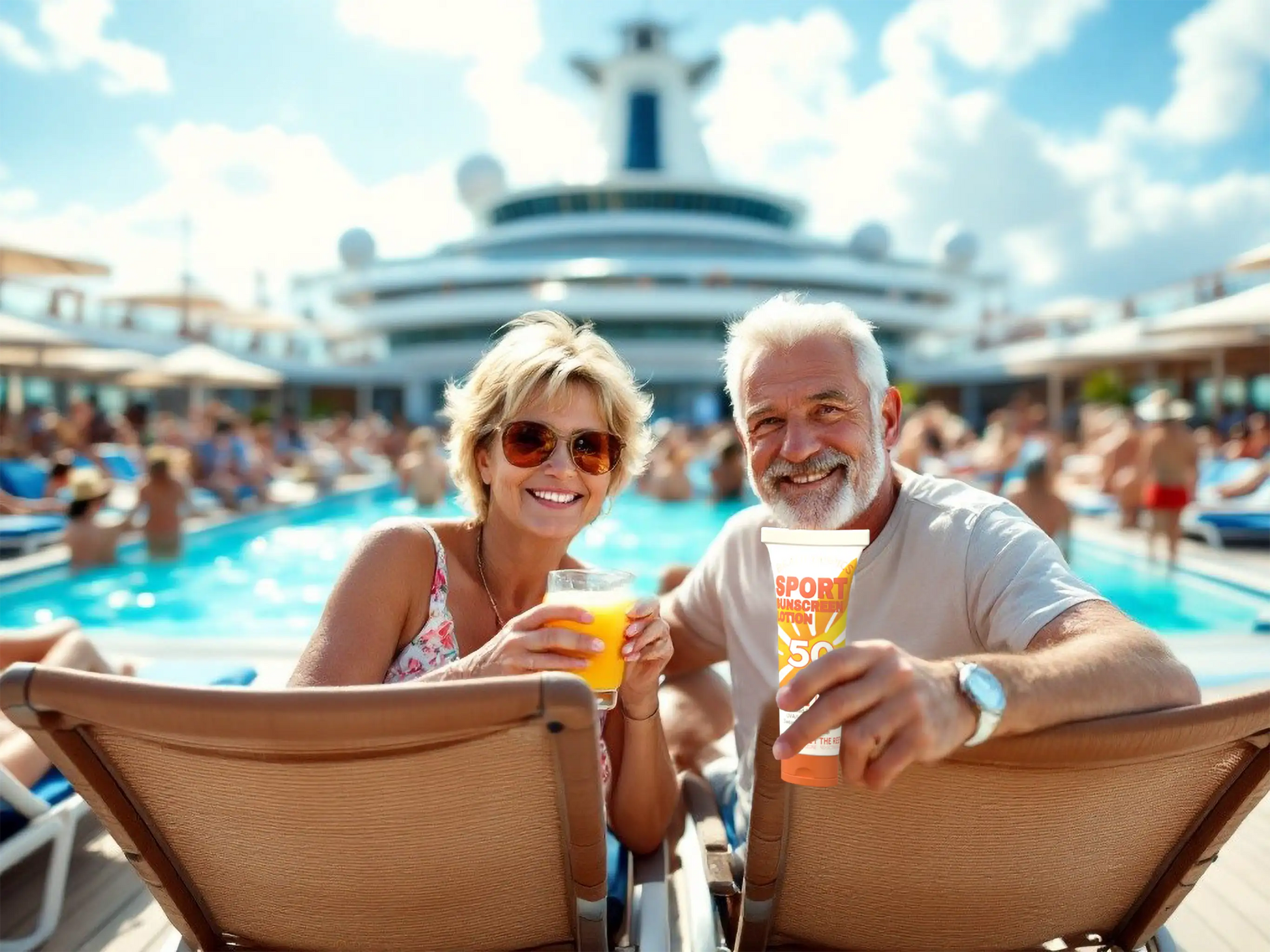 Smiling couple relaxing on a cruise ship pool deck holding Classy Wino hidden sunscreen flask filled with drinks – perfect for discreet alcohol concealment on cruises and vacations.