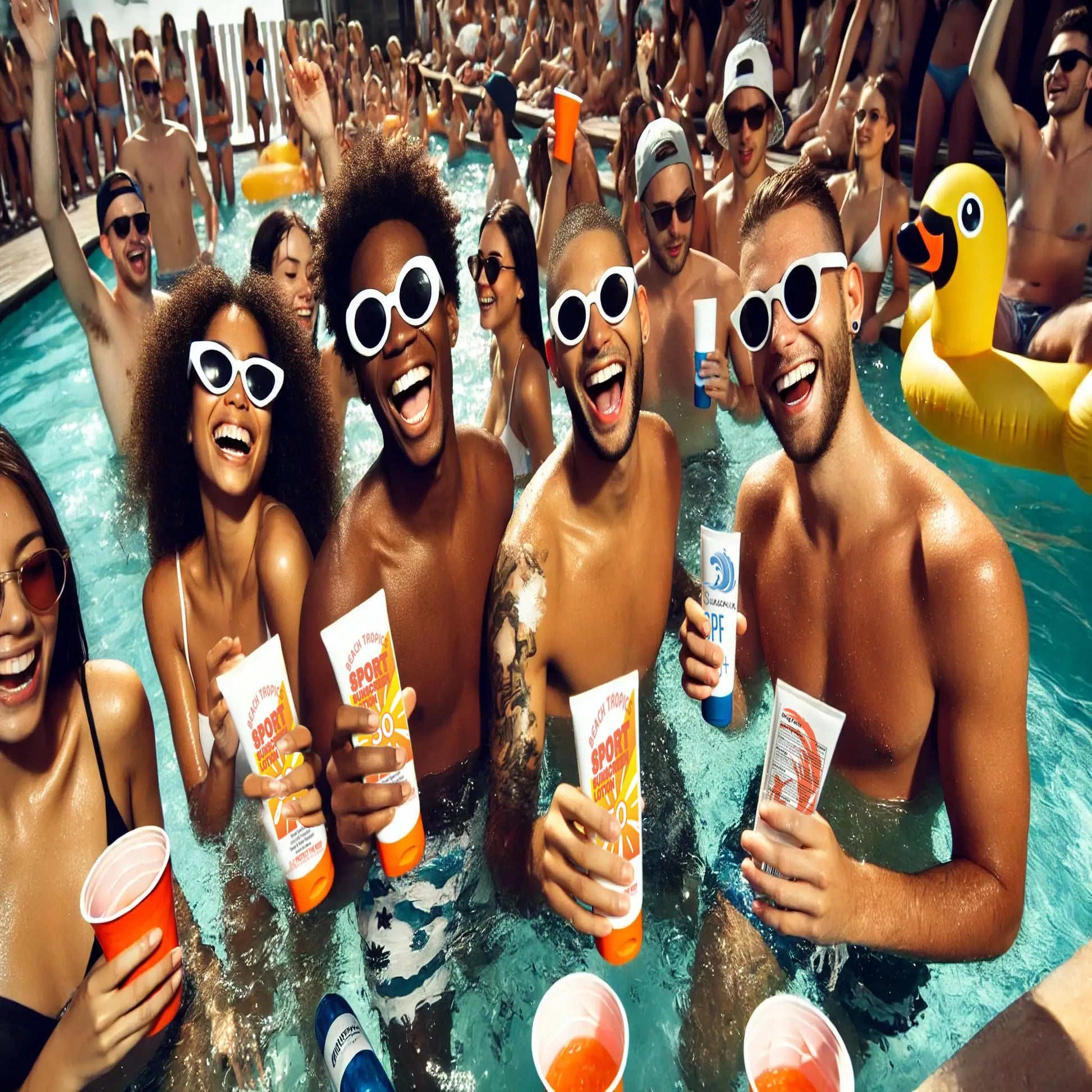 Group of friends at a spring break pool party laughing and holding Classy Wino hidden sunscreen flasks – discreetly carrying drinks in sunscreen lotion bottles.