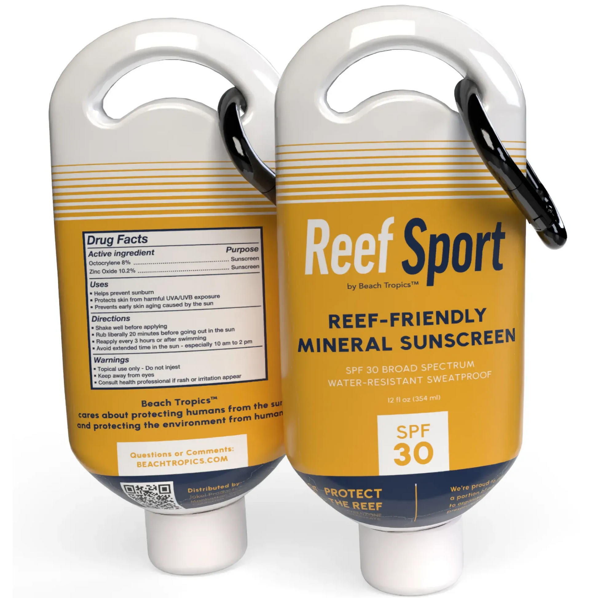 XL 12 oz hidden sunscreen flasks with carabiners, front and back view, showing realistic Beach Tropics SPF 30 label and drug facts.