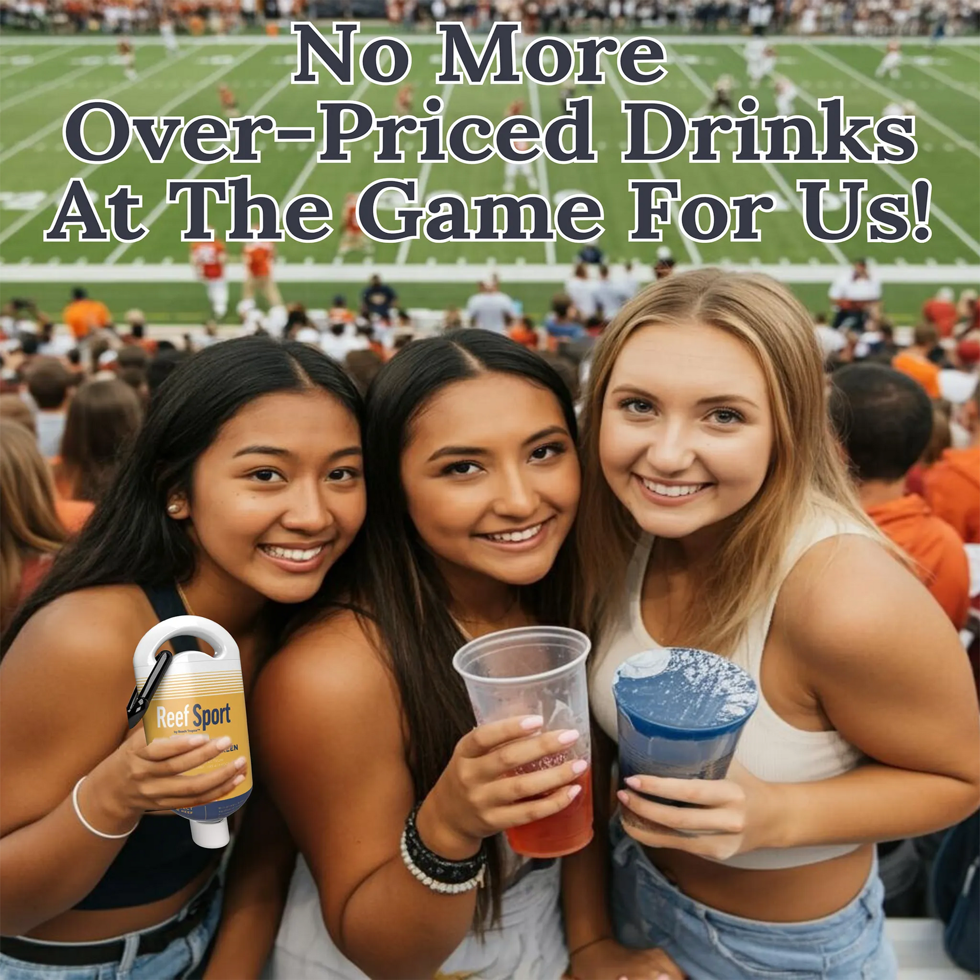 Friends enjoying drinks at a sporting event holding XL hidden sunscreen flasks, avoiding overpriced stadium cocktails.