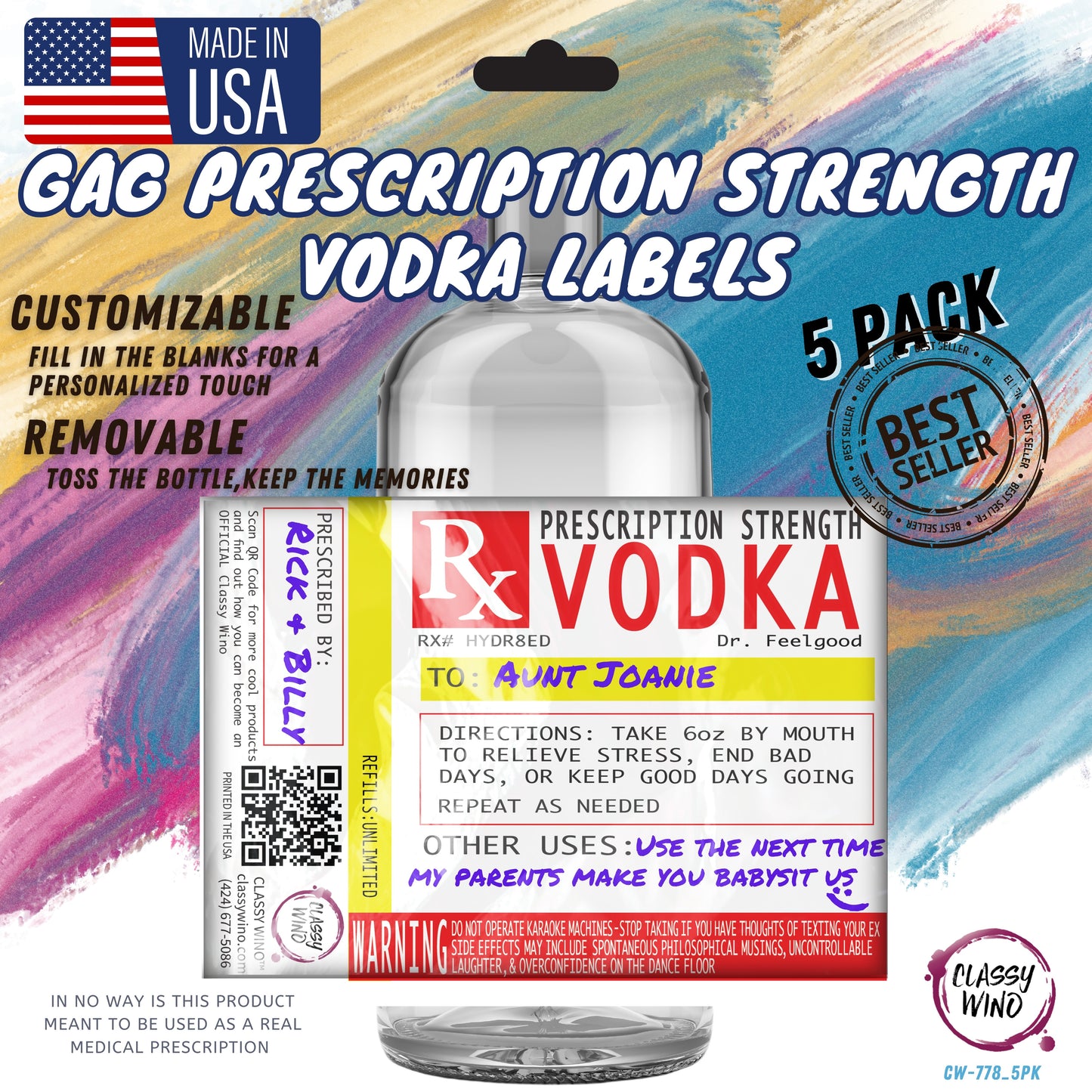 Funny Gag Prescription Label for Vokda Bottles 5 Pack - Use A Personalized Removable Sticker for Vodka Bottle Gifts Not A Boring Wine Gift Bag - Drinking Accessories for Men & Women